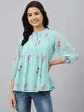 Janasya Women's Sea Green Dobby Georgette Floral Print Flared Top | Grocsy