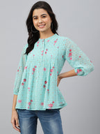 Janasya Women's Sea Green Dobby Georgette Floral Print Flared Top | Grocsy