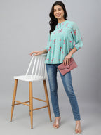 Janasya Women's Sea Green Dobby Georgette Floral Print Flared Top | Grocsy
