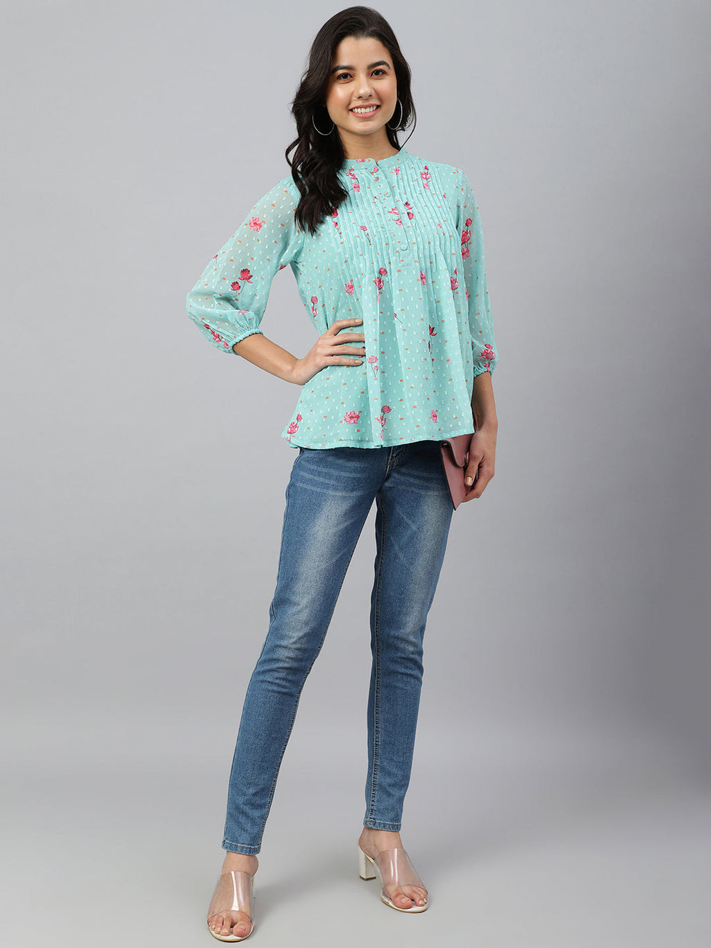 Janasya Women's Sea Green Dobby Georgette Floral Print Flared Top | Grocsy