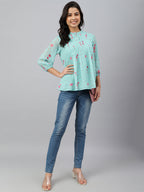 Janasya Women's Sea Green Dobby Georgette Floral Print Flared Top | Grocsy