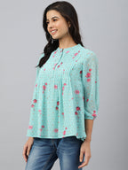 Janasya Women's Sea Green Dobby Georgette Floral Print Flared Top | Grocsy