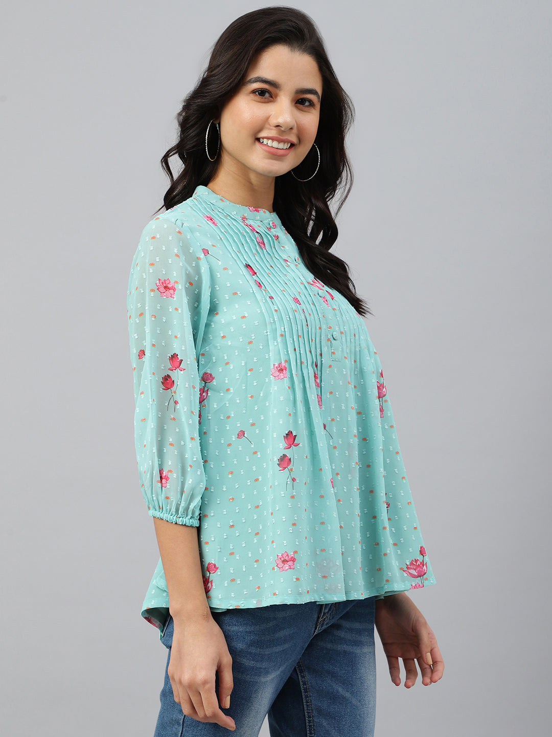 Janasya Women's Sea Green Dobby Georgette Floral Print Flared Top | Grocsy