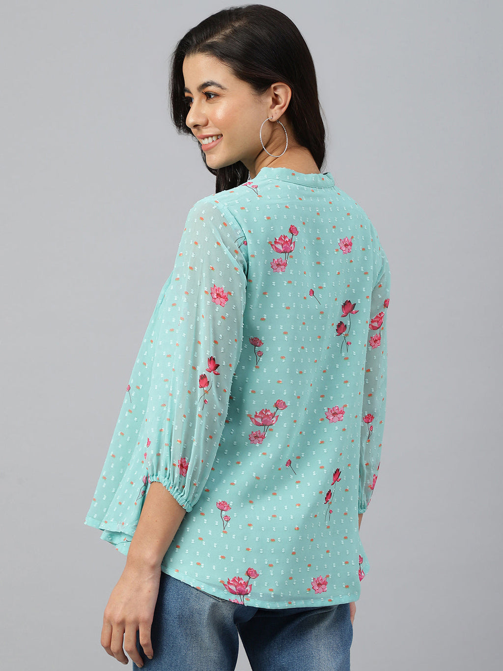 Janasya Women's Sea Green Dobby Georgette Floral Print Flared Top | Grocsy