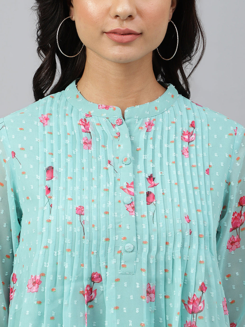Janasya Women's Sea Green Dobby Georgette Floral Print Flared Top | Grocsy