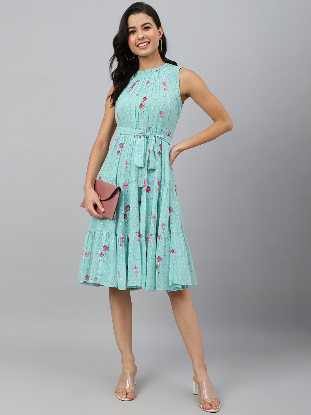 Janasya Women's Sea Green Dobby Georgette Floral Printed Tiered Western Dress | Grocsy