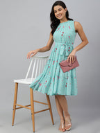 Janasya Women's Sea Green Dobby Georgette Floral Printed Tiered Western Dress | Grocsy