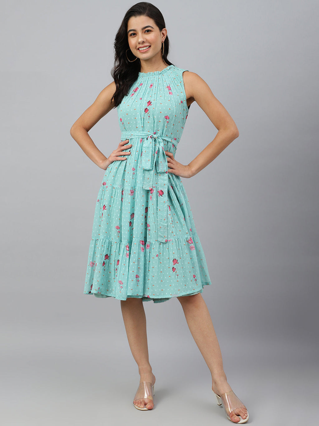 Janasya Women's Sea Green Dobby Georgette Floral Printed Tiered Western Dress | Grocsy