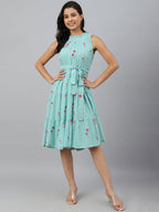 Janasya Women's Sea Green Dobby Georgette Floral Printed Tiered Western Dress | Grocsy