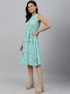 Janasya Women's Sea Green Dobby Georgette Floral Printed Tiered Western Dress | Grocsy