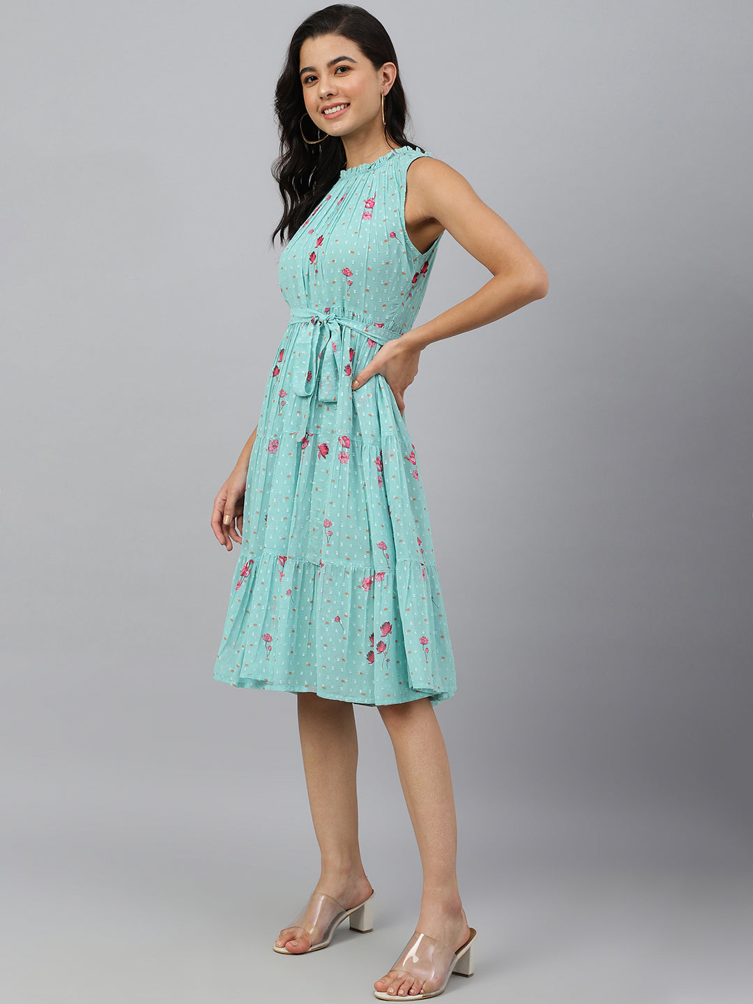 Janasya Women's Sea Green Dobby Georgette Floral Printed Tiered Western Dress | Grocsy