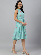 Janasya Women's Sea Green Dobby Georgette Floral Printed Tiered Western Dress | Grocsy