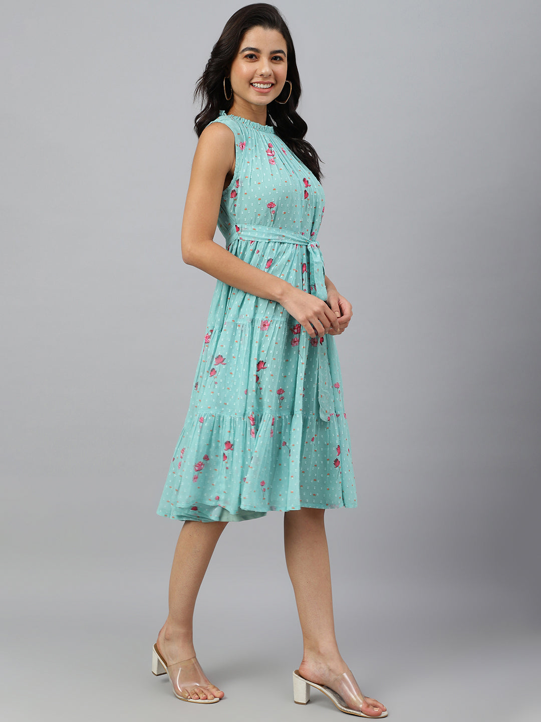 Janasya Women's Sea Green Dobby Georgette Floral Printed Tiered Western Dress | Grocsy