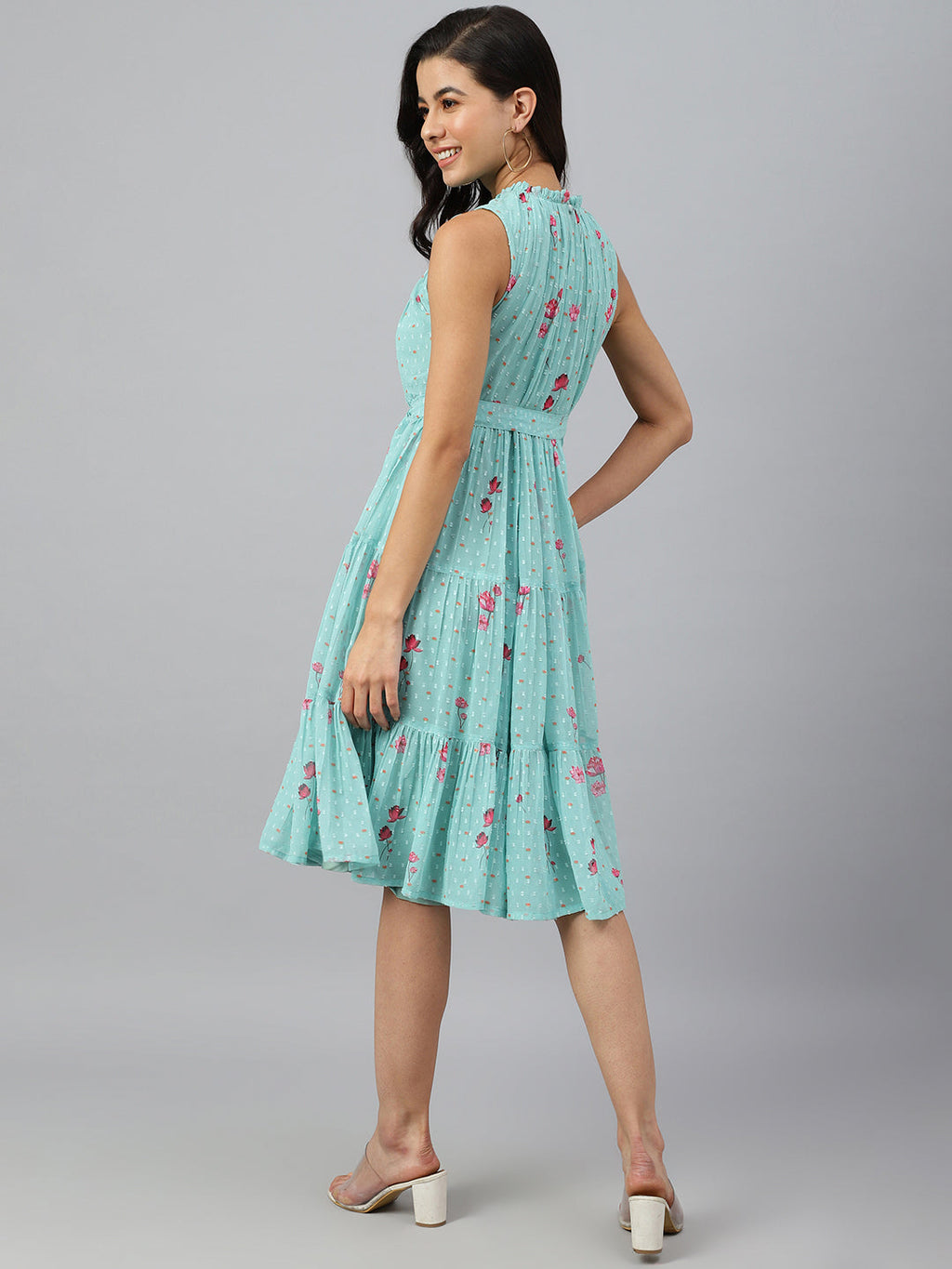 Janasya Women's Sea Green Dobby Georgette Floral Printed Tiered Western Dress | Grocsy