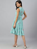 Janasya Women's Sea Green Dobby Georgette Floral Printed Tiered Western Dress | Grocsy