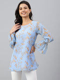 Janasya Women's Sky Blue Dobby Georgette Digital Print A-Line Top | Grocsy