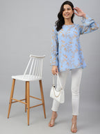 Janasya Women's Sky Blue Dobby Georgette Digital Print A-Line Top | Grocsy