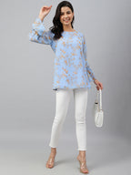 Janasya Women's Sky Blue Dobby Georgette Digital Print A-Line Top | Grocsy