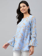 Janasya Women's Sky Blue Dobby Georgette Digital Print A-Line Top | Grocsy