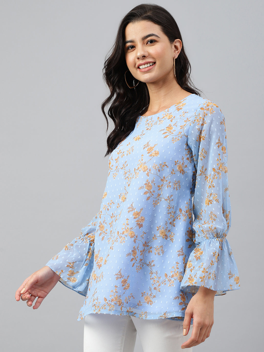 Janasya Women's Sky Blue Dobby Georgette Digital Print A-Line Top | Grocsy