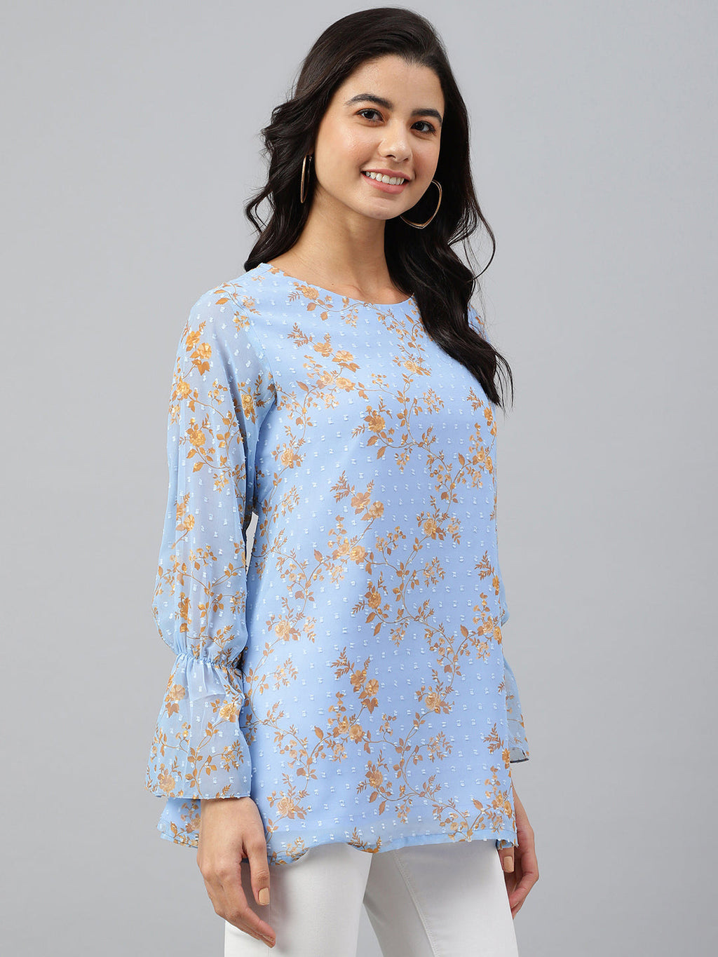 Janasya Women's Sky Blue Dobby Georgette Digital Print A-Line Top | Grocsy