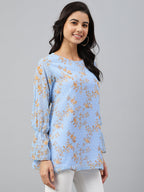 Janasya Women's Sky Blue Dobby Georgette Digital Print A-Line Top | Grocsy