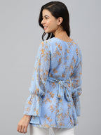 Janasya Women's Sky Blue Dobby Georgette Digital Print A-Line Top | Grocsy