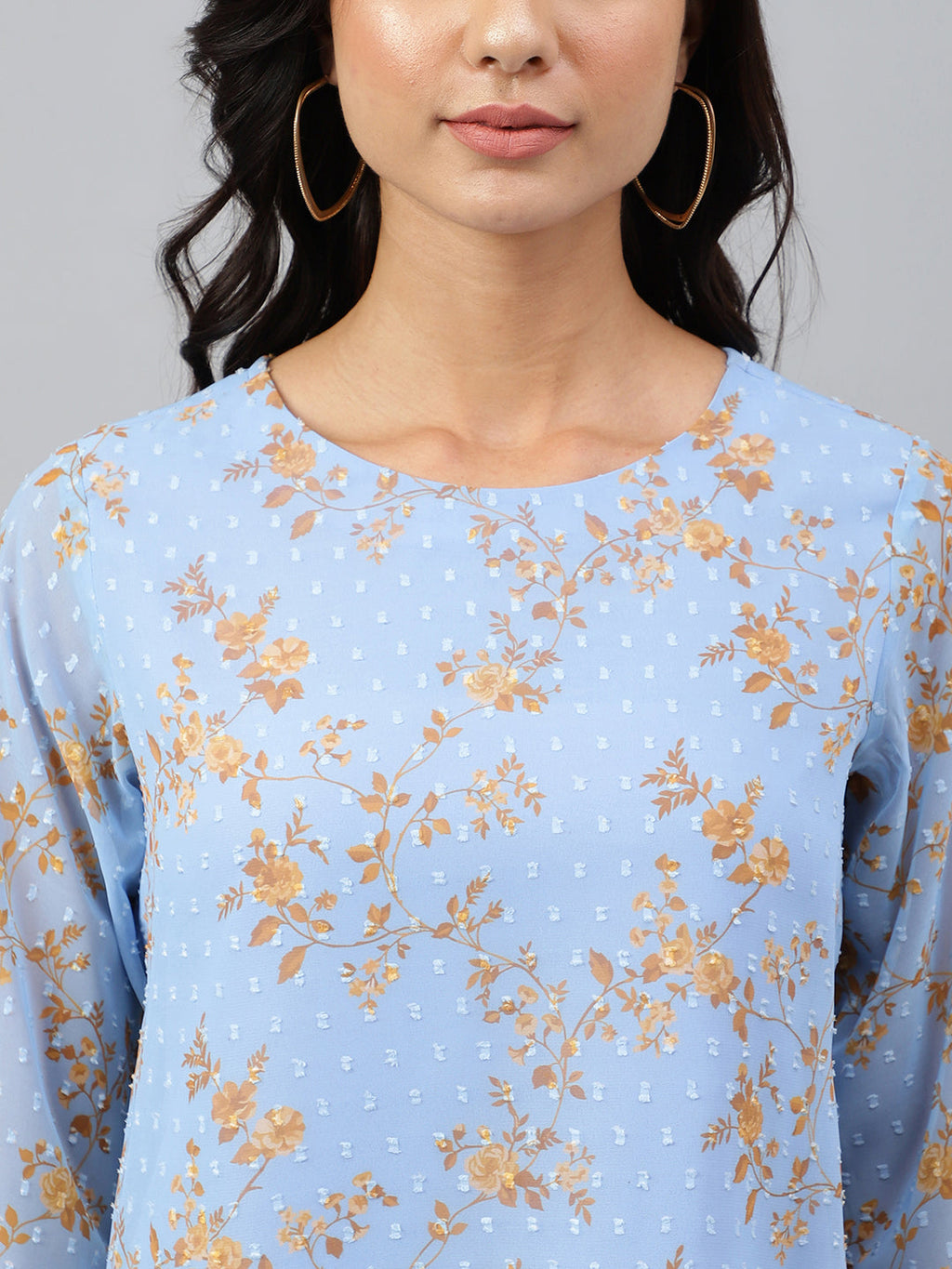 Janasya Women's Sky Blue Dobby Georgette Digital Print A-Line Top | Grocsy