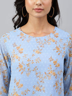 Janasya Women's Sky Blue Dobby Georgette Digital Print A-Line Top | Grocsy
