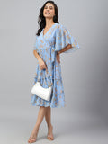 Janasya Women's Sky Blue Dobby Georgette Digital Print Flared Western Dress | Grocsy