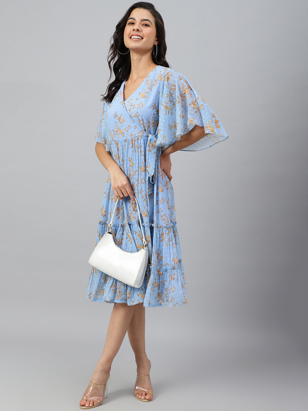 Janasya Women's Sky Blue Dobby Georgette Digital Print Flared Western Dress | Grocsy