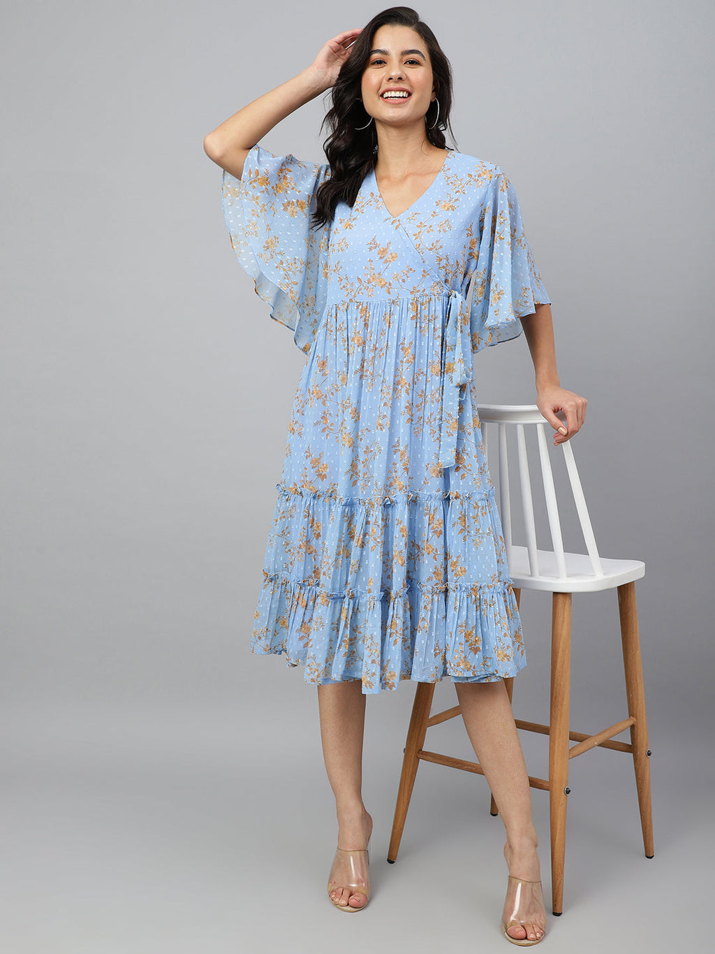 Janasya Women's Sky Blue Dobby Georgette Digital Print Flared Western Dress | Grocsy