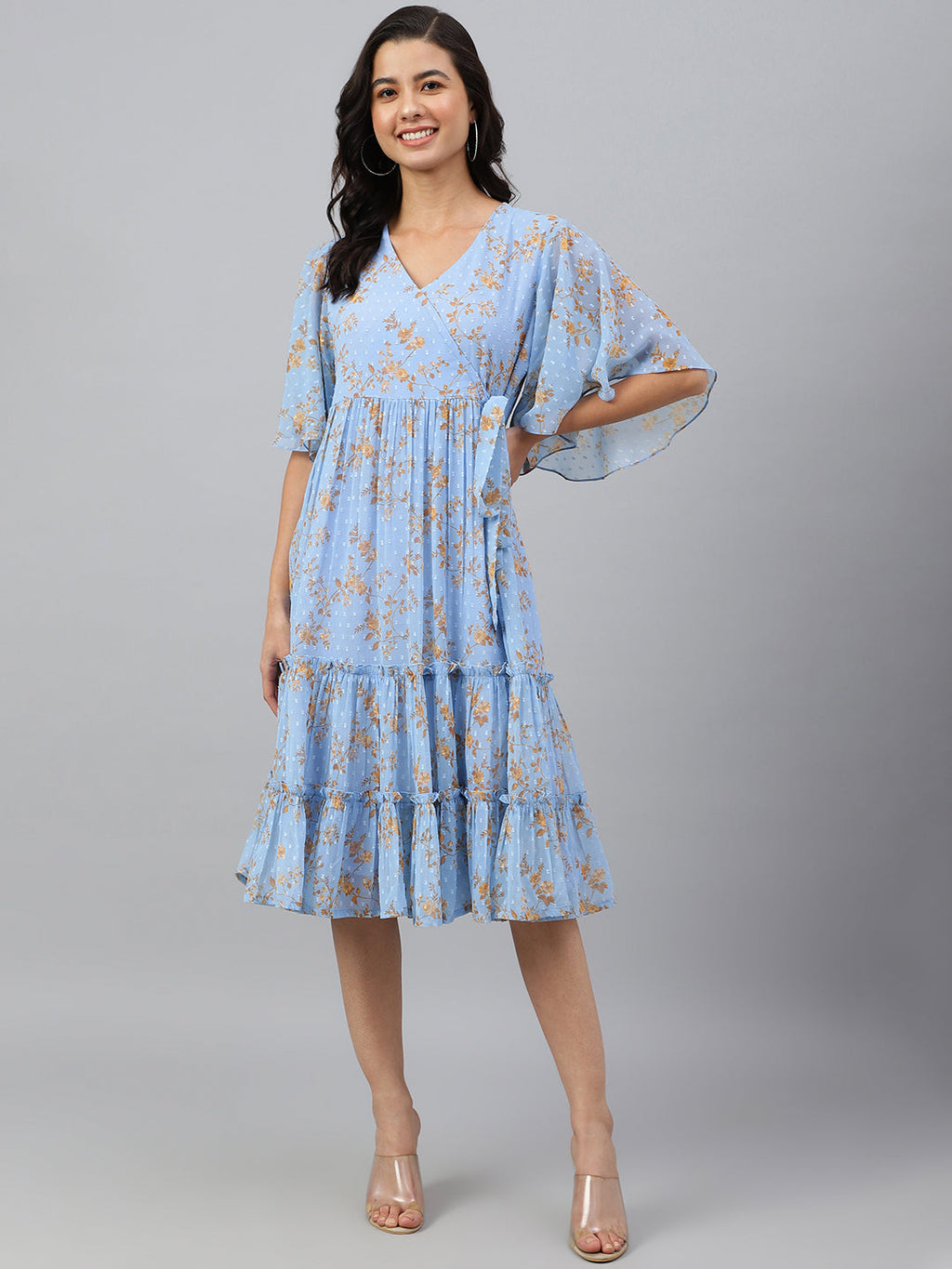 Janasya Women's Sky Blue Dobby Georgette Digital Print Flared Western Dress | Grocsy