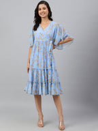 Janasya Women's Sky Blue Dobby Georgette Digital Print Flared Western Dress | Grocsy