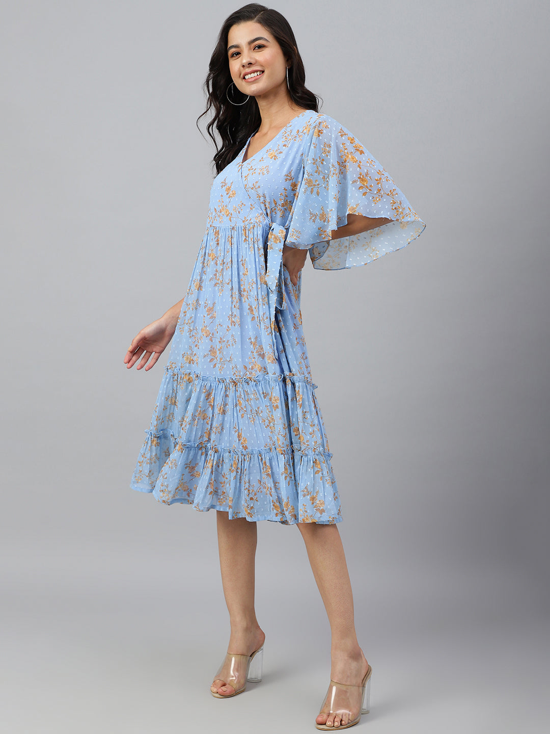 Janasya Women's Sky Blue Dobby Georgette Digital Print Flared Western Dress | Grocsy