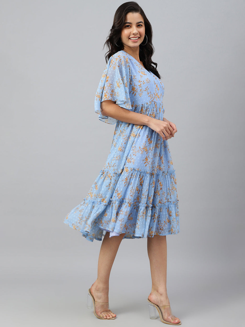 Janasya Women's Sky Blue Dobby Georgette Digital Print Flared Western Dress | Grocsy