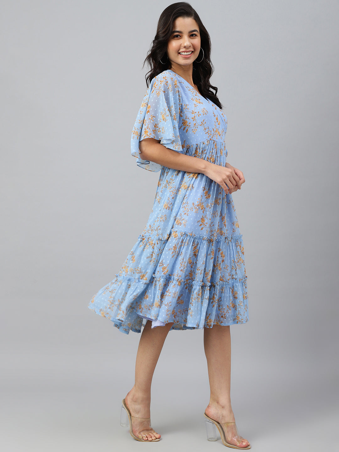 Janasya Women's Sky Blue Dobby Georgette Digital Print Flared Western Dress | Grocsy