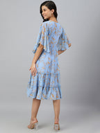 Janasya Women's Sky Blue Dobby Georgette Digital Print Flared Western Dress | Grocsy