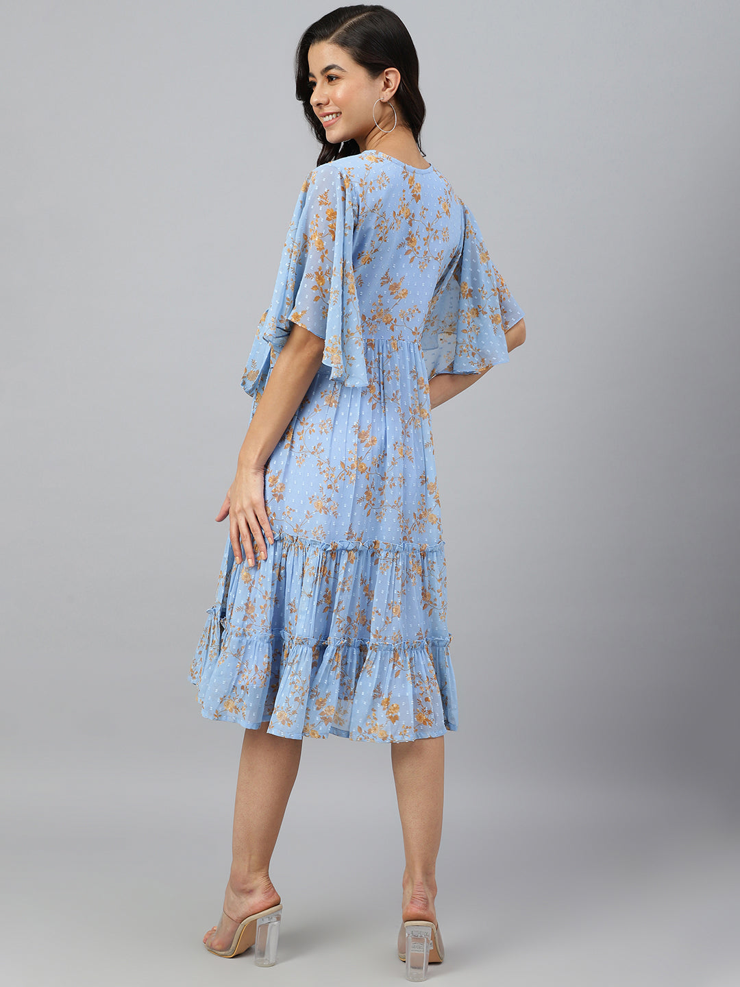 Janasya Women's Sky Blue Dobby Georgette Digital Print Flared Western Dress | Grocsy