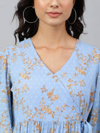 Janasya Women's Sky Blue Dobby Georgette Digital Print Flared Western Dress | Grocsy