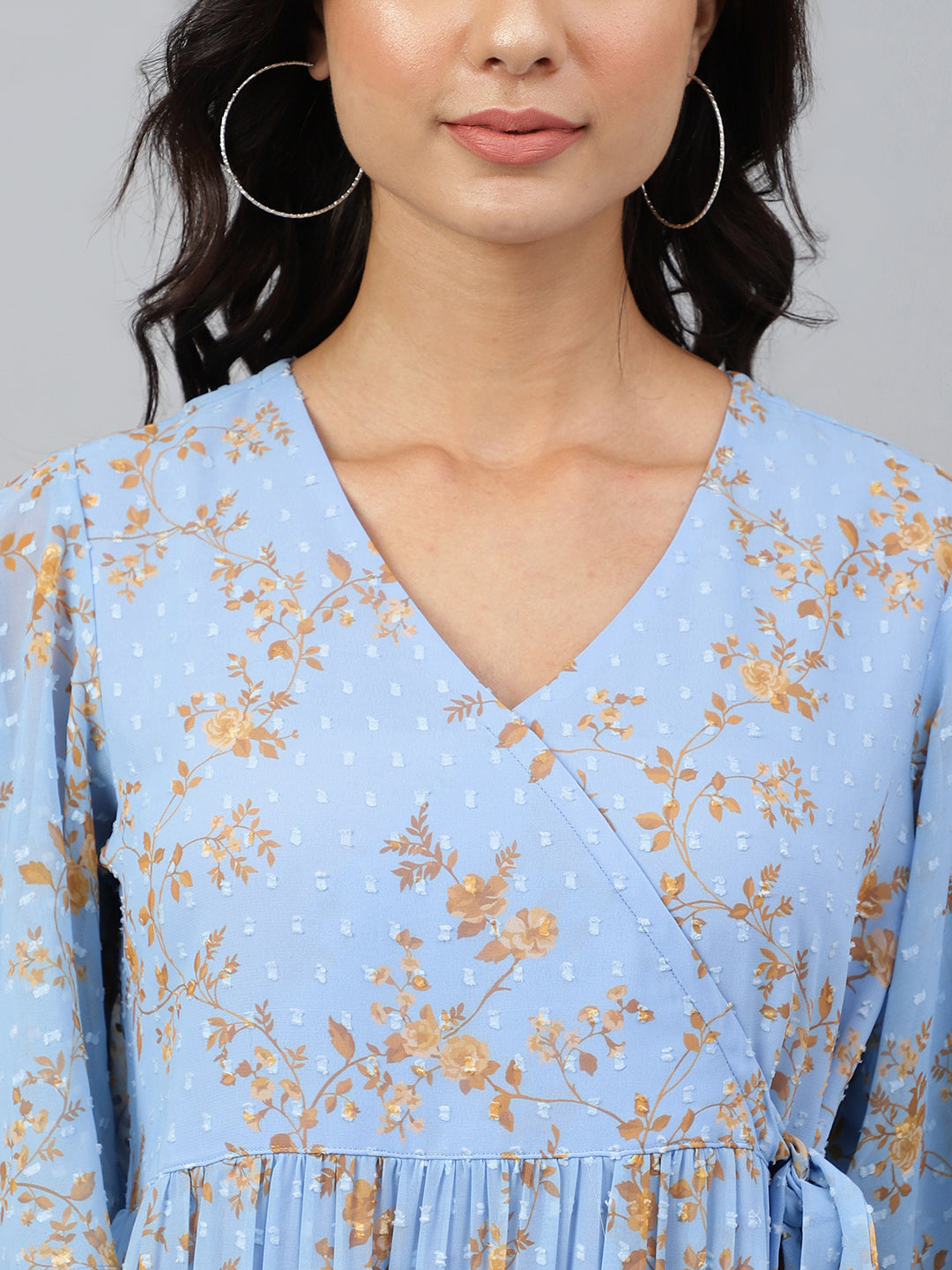 Janasya Women's Sky Blue Dobby Georgette Digital Print Flared Western Dress | Grocsy