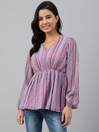 Janasya Women's Pink Dobby Georgette Digital Print Peplum Top | Grocsy