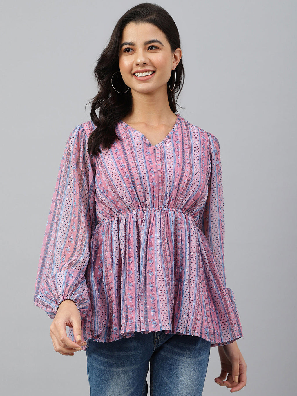Janasya Women's Pink Dobby Georgette Digital Print Peplum Top | Grocsy