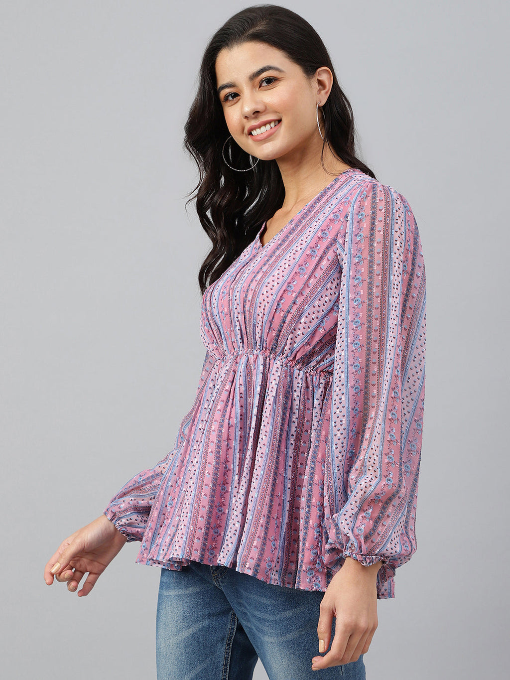 Janasya Women's Pink Dobby Georgette Digital Print Peplum Top | Grocsy