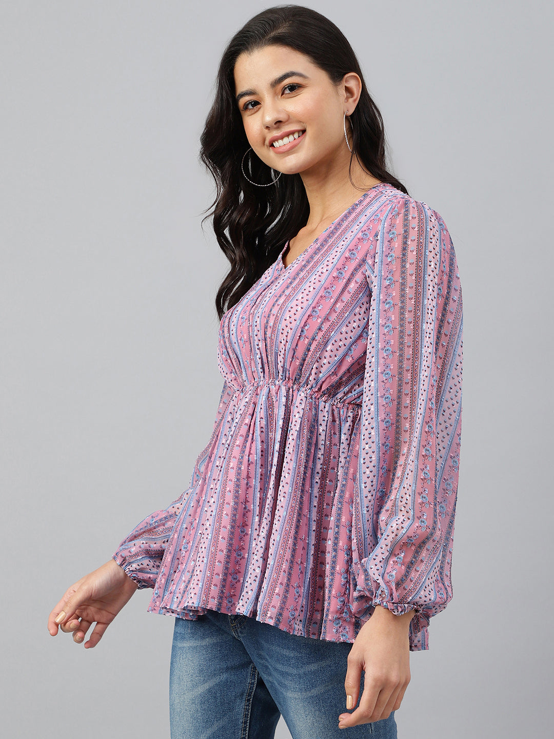 Janasya Women's Pink Dobby Georgette Digital Print Peplum Top | Grocsy