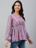 Janasya Women's Pink Dobby Georgette Digital Print Peplum Top | Grocsy