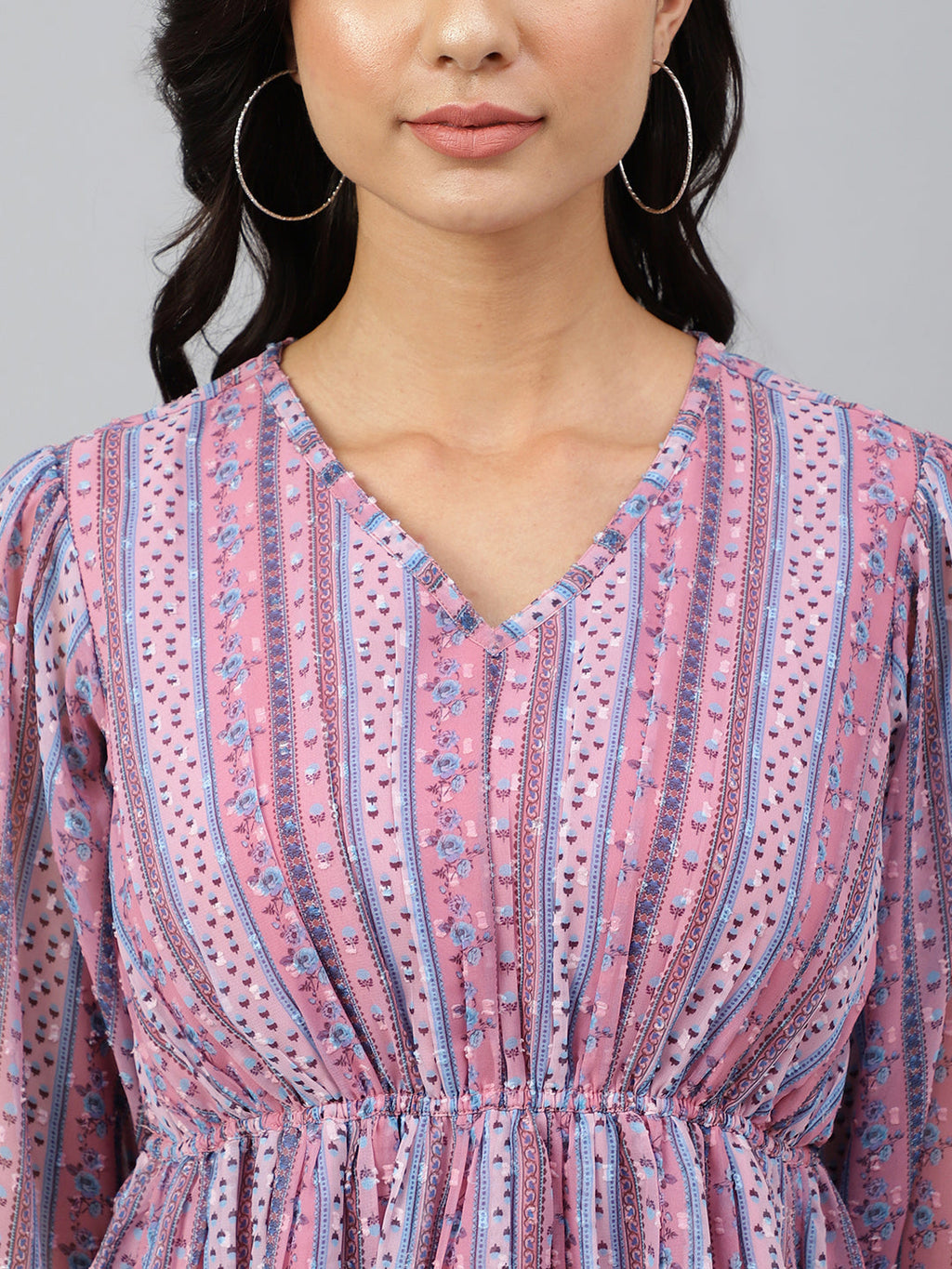 Janasya Women's Pink Dobby Georgette Digital Print Peplum Top | Grocsy
