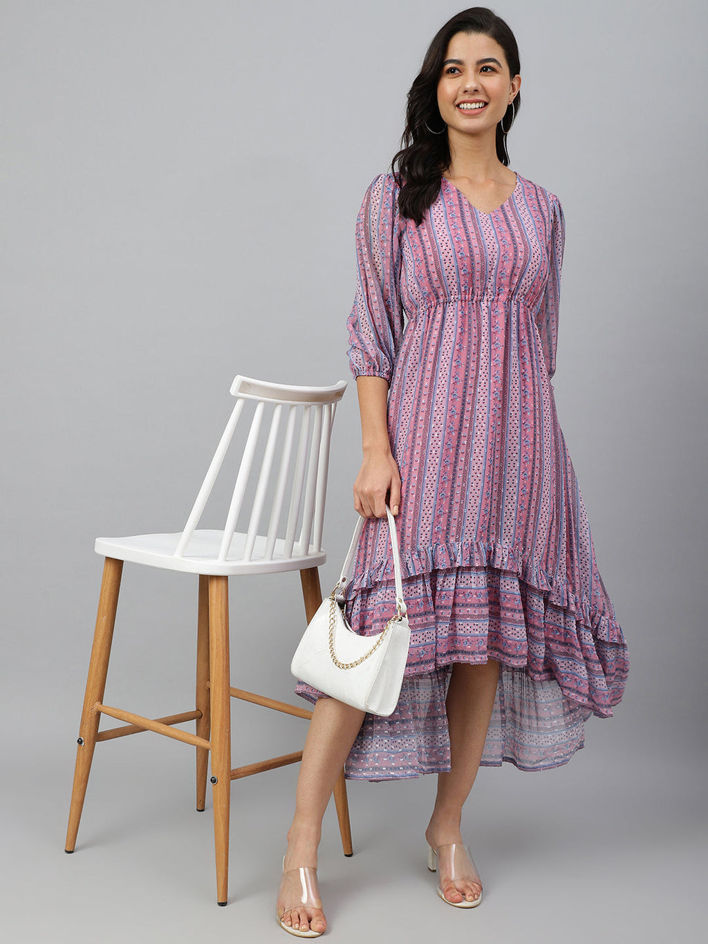 Janasya Women's Pink Dobby Georgette Digital Print High Low Western Dress | Grocsy