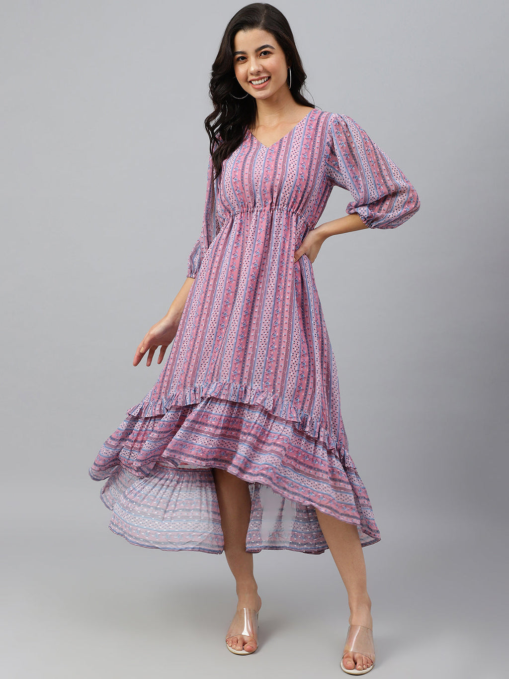 Janasya Women's Pink Dobby Georgette Digital Print High Low Western Dress | Grocsy
