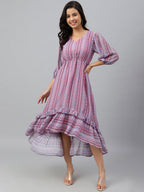 Janasya Women's Pink Dobby Georgette Digital Print High Low Western Dress | Grocsy